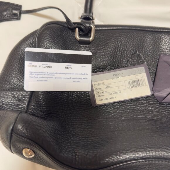 Prada Vitello Daino Logo Leather Bauletto Bag Nero Black Authenticity Card Mint - Picture 16 of 16